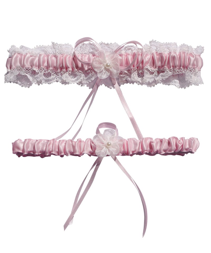RIMOBUL 2 Pieces Wedding Garters Lace Bridal Garter Faux Pearls Garter for Bride with Toss Away (Pink) - Image 1